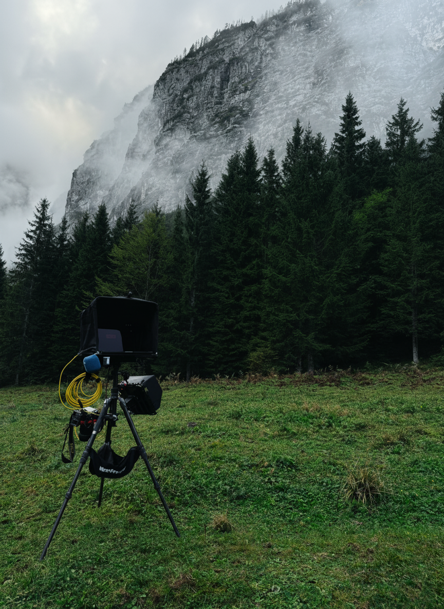 Digital station in foggy Alps